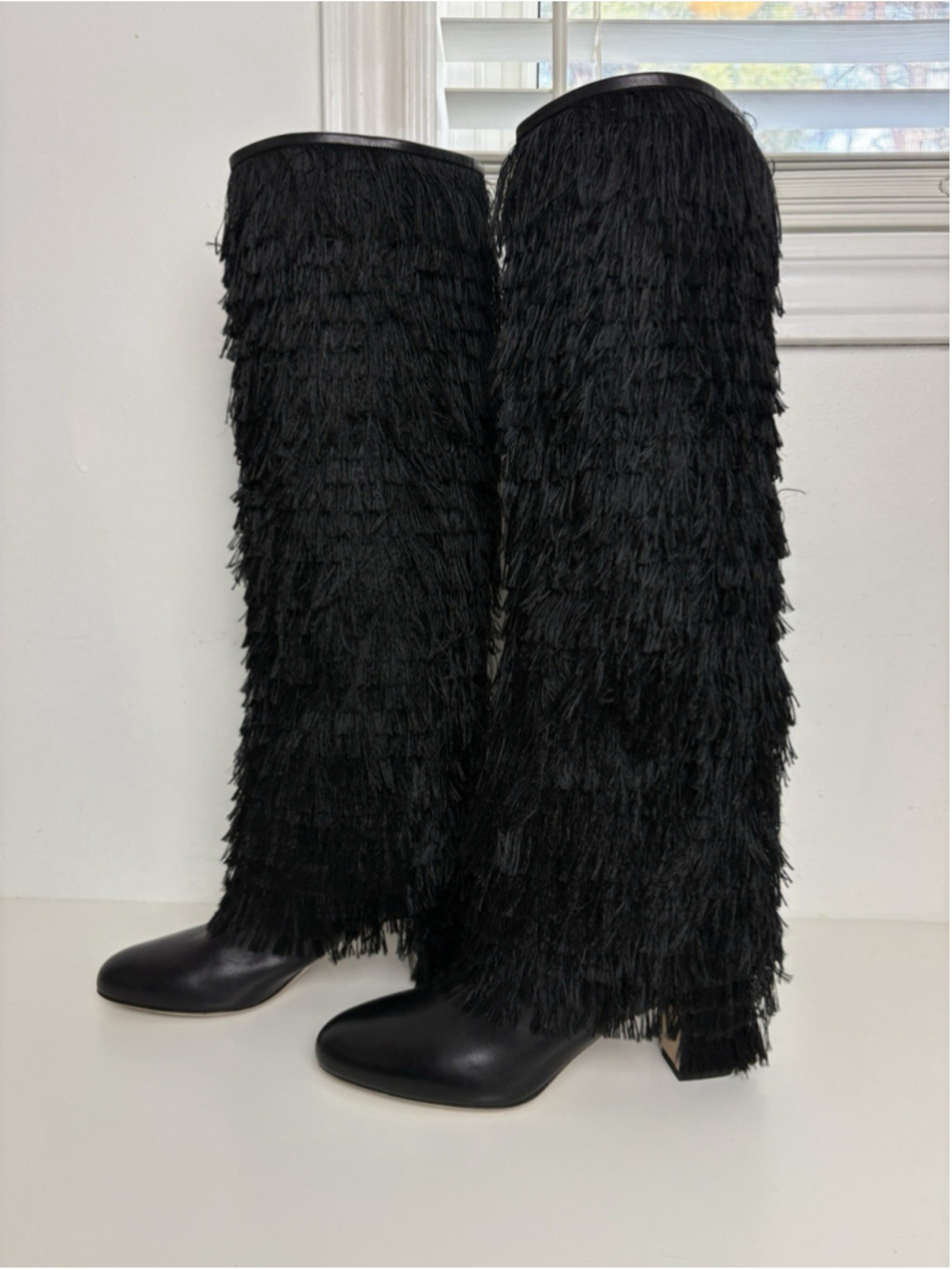 Jimmy Choo Knee High Boots Black Leather Size 37 Magalie Fringe - Picture 5 of 16